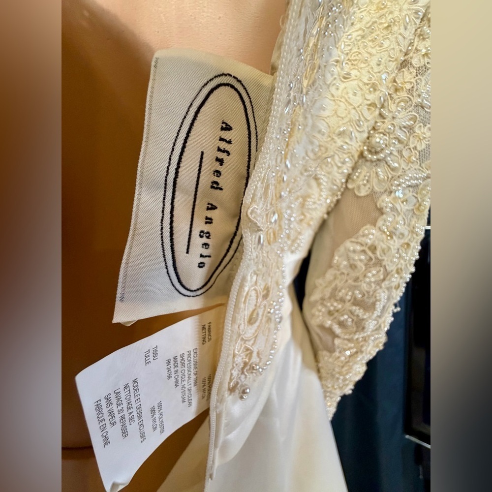 Ivory Off-Shoulder Wedding Dress with Gold Embroidery + Veil & Bouquet - Picture 11 of 16